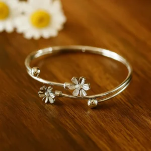Floral Charm Dual Flower Silver Bracelet